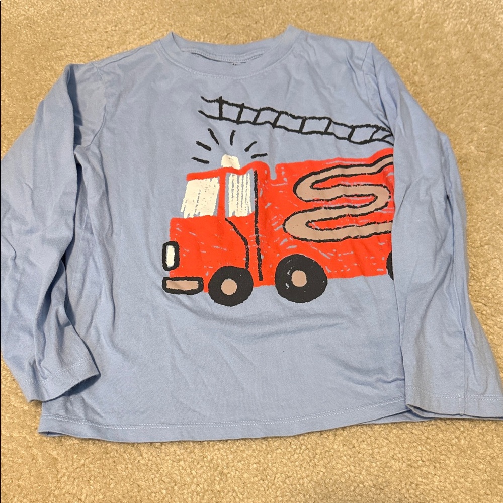 H&M Light Blue Long-Sleeve Tee with Red Fire Truck Graphic